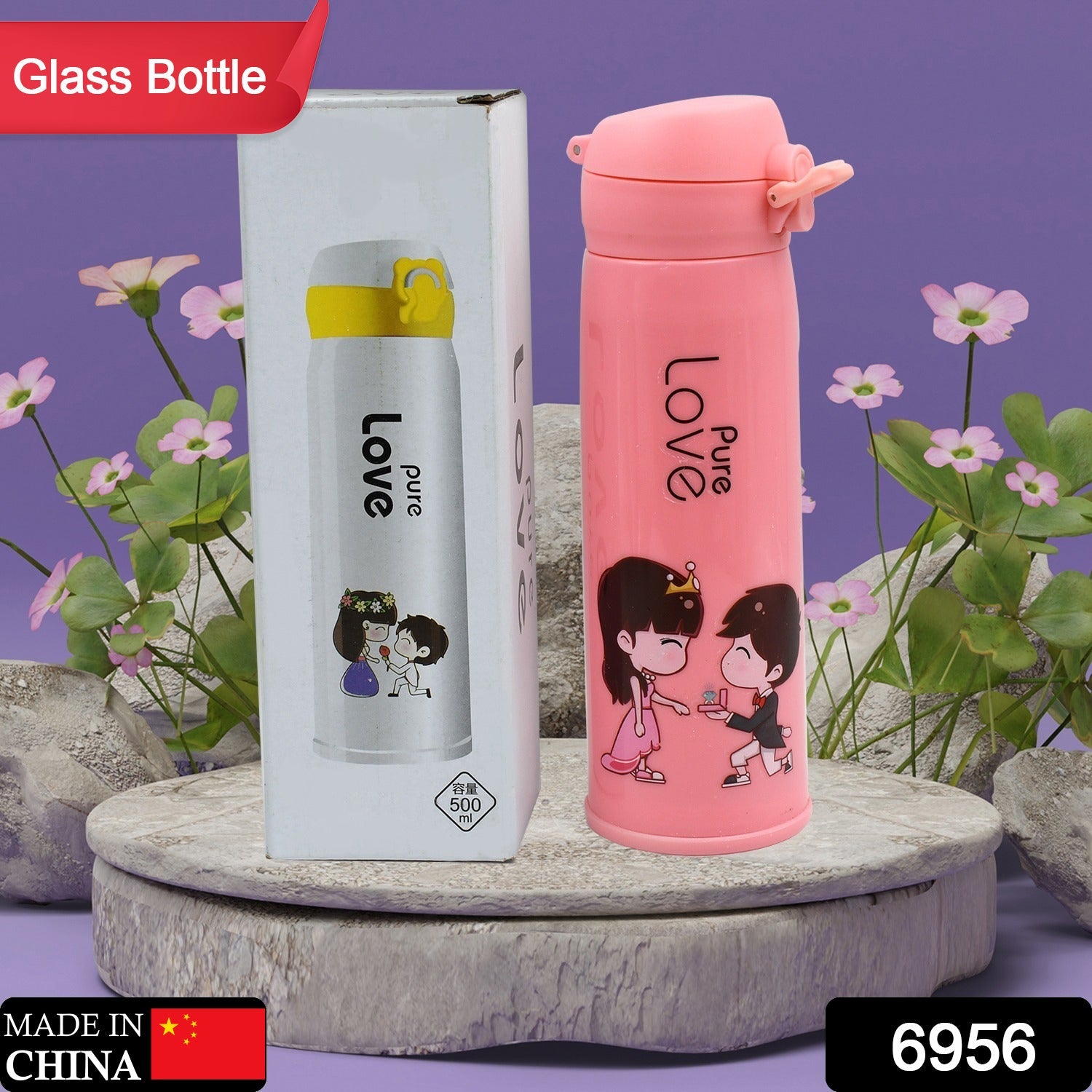 6956 Pure Love outdoor sport water bottle 500ml leak proof BPA-free for travel cold and hot water glass water bottle with daily water intake for gym and children, Fridge, for Home, Office, School (MOQ :- 80 Pc) 6956 Pure Love outdoor sport water bottle 500ml leak proof BPA-free for travel cold and hot water glass water bottle with daily water intake for gym and children, Fridge, for Home, Office, School (MOQ :- 80 Pc)
